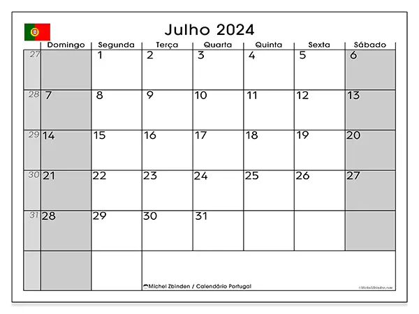 Calendário Portugal para julho de 2024, que pode ser impresso gratuitamente. Semana:  De domingo a sábado.