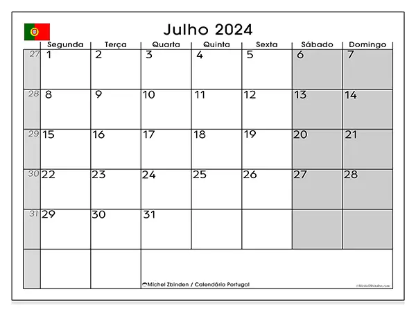 Calendário Portugal para julho de 2024, que pode ser impresso gratuitamente. Semana:  Segunda-feira a domingo.