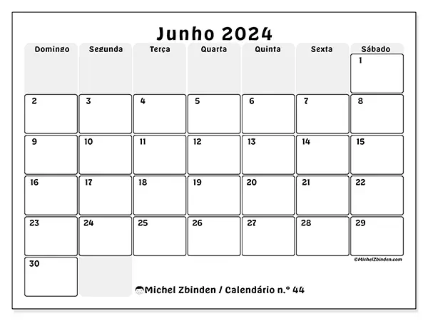 Calendário n.° 44 para junho de 2024, que pode ser impresso gratuitamente. Semana:  De domingo a sábado.