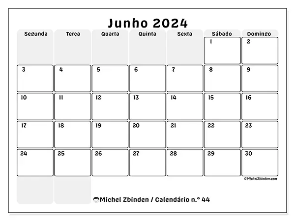 Calendário n.° 44 para junho de 2024, que pode ser impresso gratuitamente. Semana:  Segunda-feira a domingo.