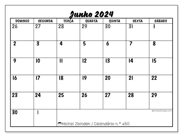Calendário n.° 450 para junho de 2024, que pode ser impresso gratuitamente. Semana:  De domingo a sábado.