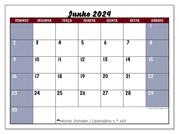 Calendário para imprimir n° 452, junho de 2024