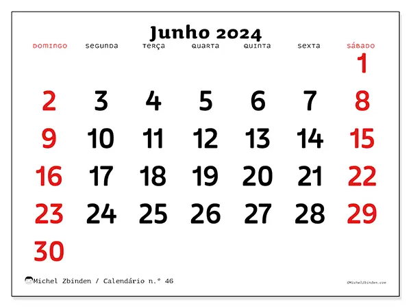Calendário n.° 46 para junho de 2024, que pode ser impresso gratuitamente. Semana:  De domingo a sábado.