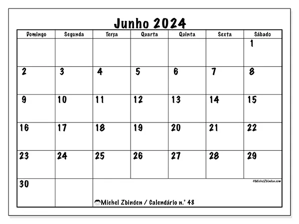 Calendário para imprimir n° 48, junho de 2024