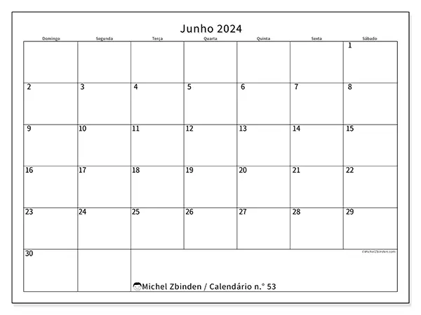 Calendário n.° 53 para junho de 2024, que pode ser impresso gratuitamente. Semana:  De domingo a sábado.