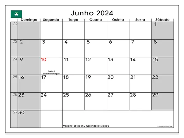Calendário Macau para junho de 2024, que pode ser impresso gratuitamente. Semana:  De domingo a sábado.