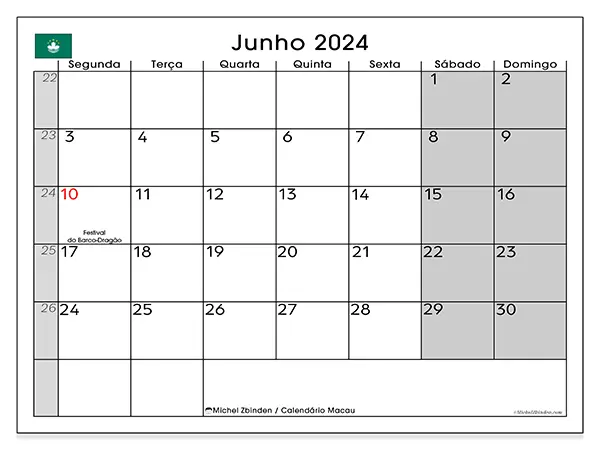 Calendário Macau para junho de 2024, que pode ser impresso gratuitamente. Semana:  Segunda-feira a domingo.