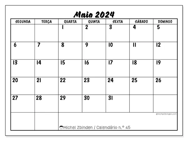 Calendário para imprimir n° 45, maio de 2024