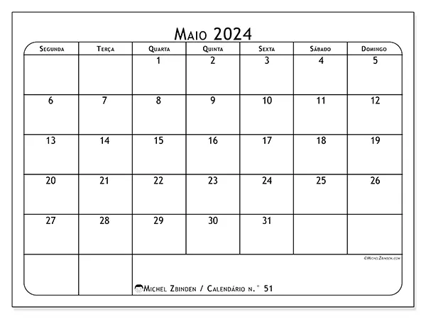 Calendário n.° 51 para maio de 2024, que pode ser impresso gratuitamente. Semana:  Segunda-feira a domingo.