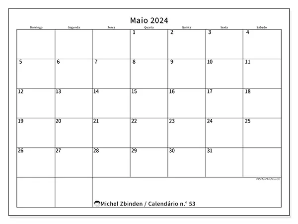 Calendário n.° 53 para maio de 2024, que pode ser impresso gratuitamente. Semana:  De domingo a sábado.