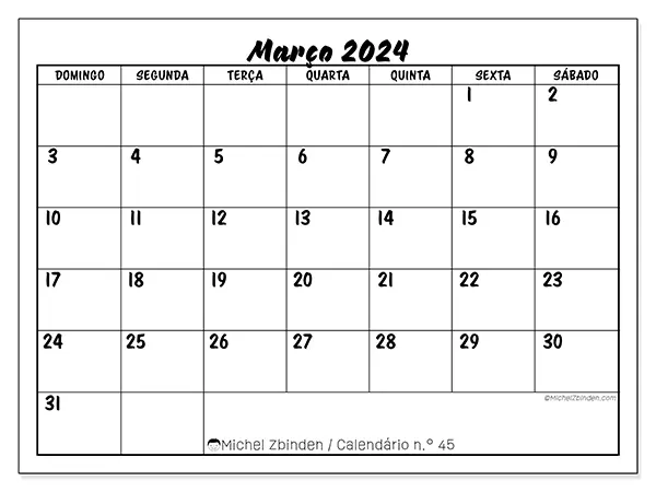 Calendário n.° 45 gratuito para imprimir, março 2025. Semana:  De domingo a sábado