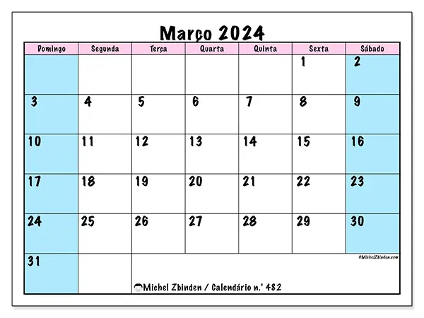 Calendário n.° 482 gratuito para imprimir, março 2025. Semana:  De domingo a sábado