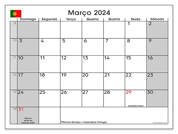 Calendário Portugal gratuito para imprimir, março 2025. Semana:  De domingo a sábado