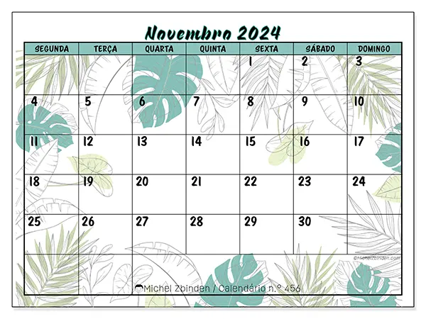 Calendário n.° 456 para novembro de 2024, que pode ser impresso gratuitamente. Semana:  Segunda-feira a domingo.