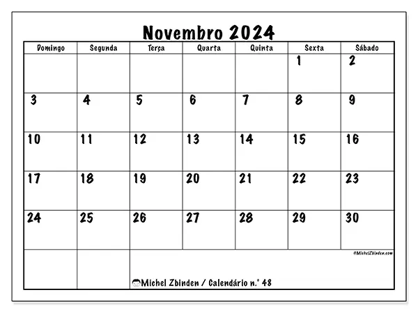 Calendário n.° 48 para novembro de 2024, que pode ser impresso gratuitamente. Semana:  De domingo a sábado.
