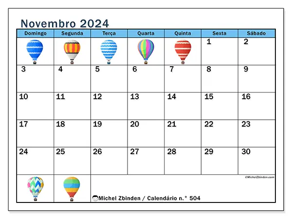 Calendário para imprimir n° 504, novembro de 2024