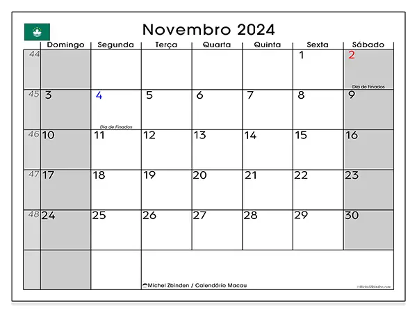 Calendário Macau para novembro de 2024, que pode ser impresso gratuitamente. Semana:  De domingo a sábado.