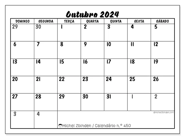 Calendário n.° 450 para outubro de 2024, que pode ser impresso gratuitamente. Semana:  De domingo a sábado.