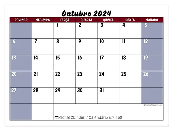 Calendário para imprimir n° 452, outubro de 2024