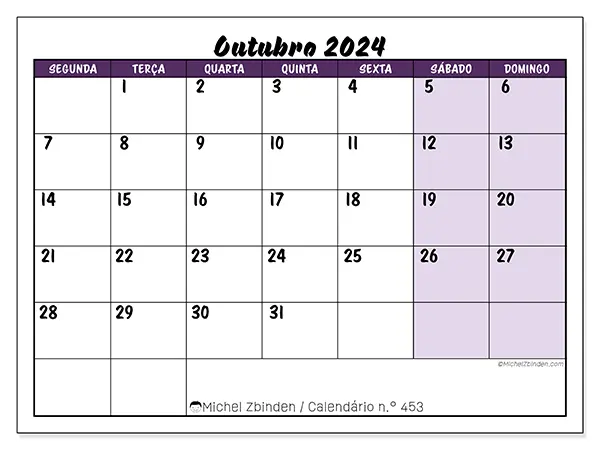 Calendário para imprimir n° 453, outubro de 2024