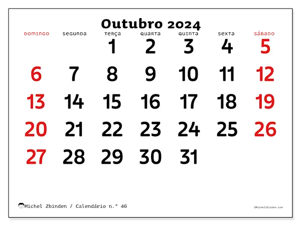 Calendário para imprimir n° 46, outubro de 2024