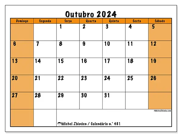 Calendário n.° 481 para outubro de 2024, que pode ser impresso gratuitamente. Semana:  De domingo a sábado.