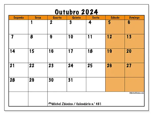 Calendário n.° 481 para outubro de 2024, que pode ser impresso gratuitamente. Semana:  Segunda-feira a domingo.