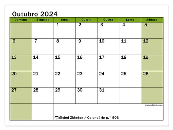 Calendário para imprimir n° 503, outubro de 2024