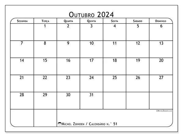 Calendário para imprimir n° 51, outubro de 2024