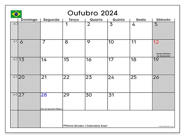 Calendário Brasil para outubro de 2024, que pode ser impresso gratuitamente. Semana:  De domingo a sábado.