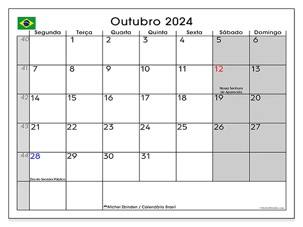 Calendário Brasil para outubro de 2024, que pode ser impresso gratuitamente. Semana:  Segunda-feira a domingo.