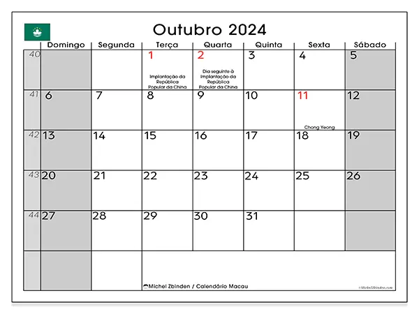 Calendário Macau para outubro de 2024, que pode ser impresso gratuitamente. Semana:  De domingo a sábado.