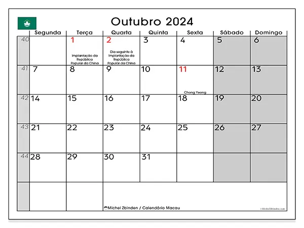 Calendário Macau para outubro de 2024, que pode ser impresso gratuitamente. Semana:  Segunda-feira a domingo.