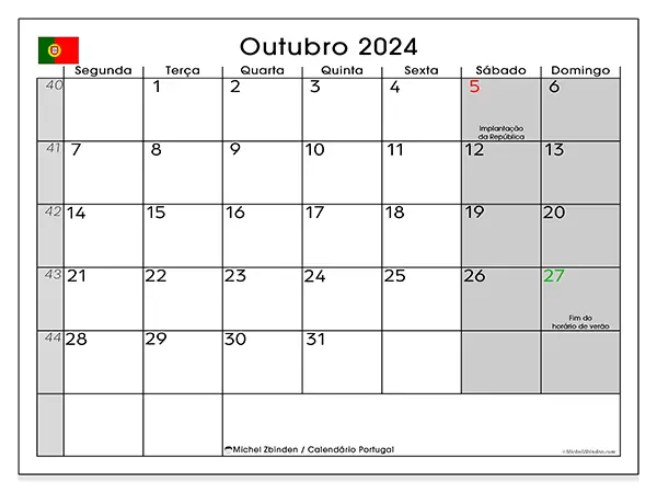 Calendário para imprimir Portugal, outubro de 2024