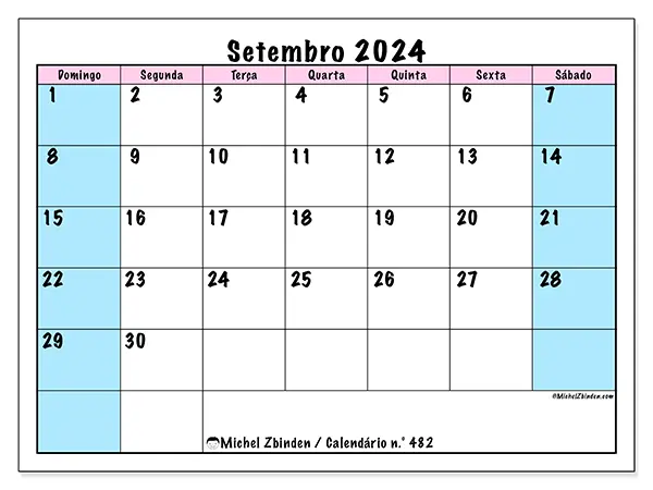 Calendário n.° 482 gratuito para imprimir, setembro 2025. Semana:  De domingo a sábado