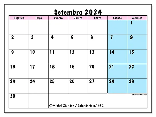 Calendário n.° 482 para setembro de 2024, que pode ser impresso gratuitamente. Semana:  Segunda-feira a domingo.