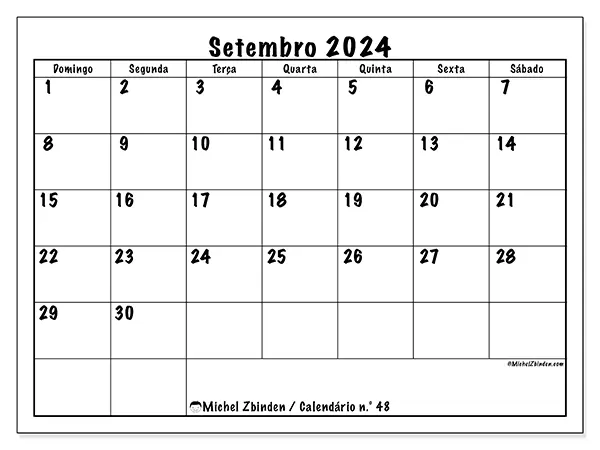 Calendário n.° 48 para setembro de 2024, que pode ser impresso gratuitamente. Semana:  De domingo a sábado.