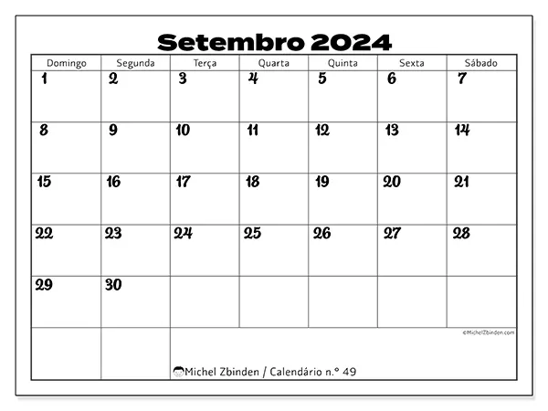 Calendário n.° 49 para setembro de 2024, que pode ser impresso gratuitamente. Semana:  De domingo a sábado.
