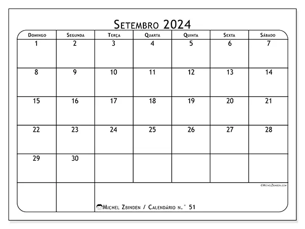 Calendário n.° 51 para setembro de 2024, que pode ser impresso gratuitamente. Semana:  De domingo a sábado.