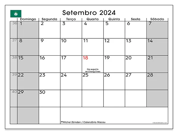 Calendário Macau para setembro de 2024, que pode ser impresso gratuitamente. Semana:  De domingo a sábado.