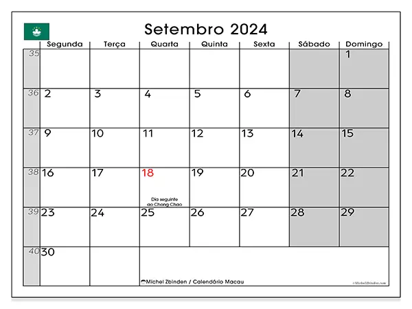 Calendário Macau para setembro de 2024, que pode ser impresso gratuitamente. Semana:  Segunda-feira a domingo.