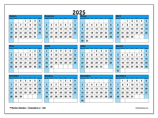 Calendário n.° 391 gratuito para imprimir, 2025. Semana:  