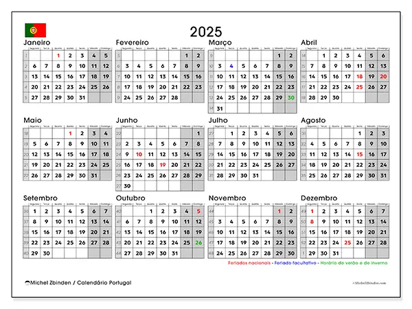 Calendário Portugal gratuito para imprimir,  2025. Semana:  Segunda-feira a domingo