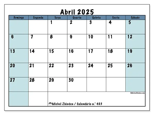Calendário n.° 483 para abril de 2025, que pode ser impresso gratuitamente. Semana:  De domingo a sábado.