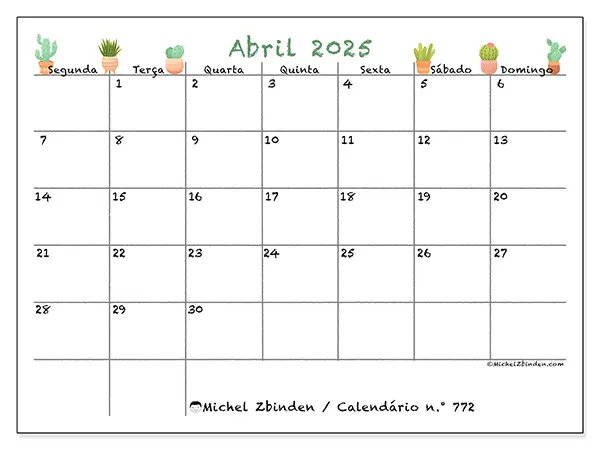 Calendário para imprimir n° 772, abril de 2025