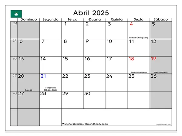 Calendário Macau para abril de 2025, que pode ser impresso gratuitamente. Semana:  De domingo a sábado.