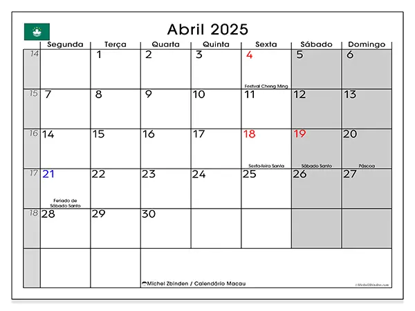 Calendário Macau para abril de 2025, que pode ser impresso gratuitamente. Semana:  Segunda-feira a domingo.