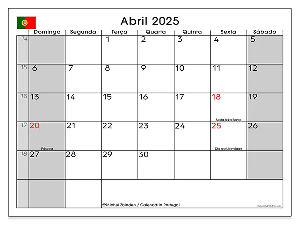 Calendário Portugal para abril de 2025, que pode ser impresso gratuitamente. Semana:  De domingo a sábado.