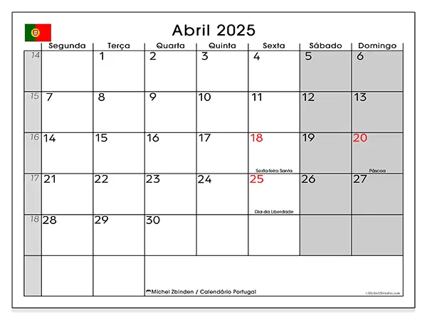 Calendário Portugal para abril de 2025, que pode ser impresso gratuitamente. Semana:  Segunda-feira a domingo.