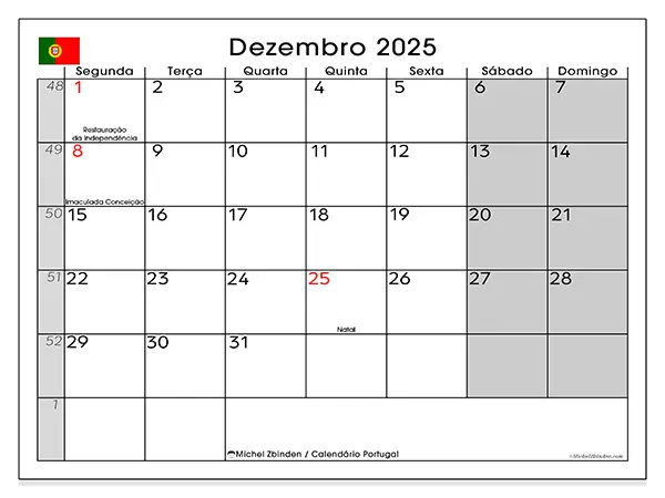 Calendário Portugal gratuito para imprimir, dezembro 2025. Semana:  Segunda-feira a domingo